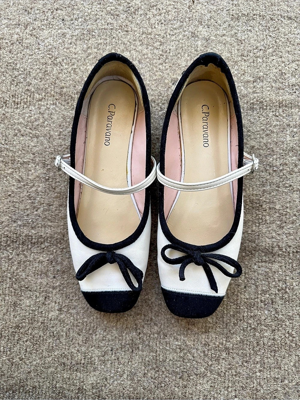 C.Paravano Clara Bow Knot Mary Jane Ballerina Flats White & Black EU 36